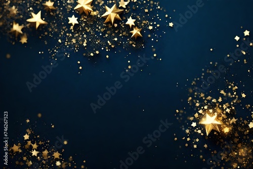 abstract background with dark blue and golden particles. new year christmas background with golden star and sparking. Christmas golden light shine particles bokeh on navy background. Gold foil texture