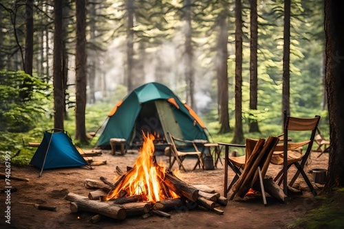 Beautiful bonfire with burning firewood near chairs and camping tent in the forest. Campfire by a chair and a tent
