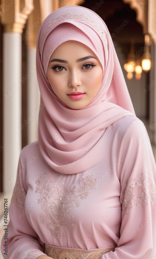 adorable woman perfect face, hijab her face is round, arabic fashion style, pink and silky dress, ramadhan kareem adorable woman perfect face, hijab her face is round, arabic fashion style, pink and silky dress, ramadhan kareem