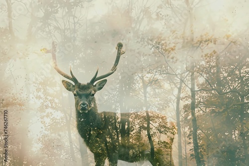 A serene deer overlaid with the soft glow of a misty forest in a double exposure