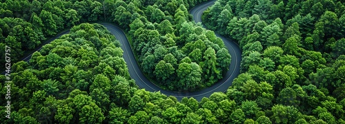 Top view of an asphalt road from above that passes through a lush rain forest, greenery, and a glimpse of the natural ecosystem that will preserve Earth. photo