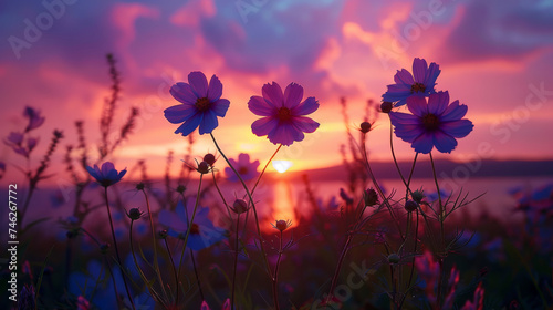 A serene meadow filled with colorful wildflowers bathed in the warm glow of a setting sun.