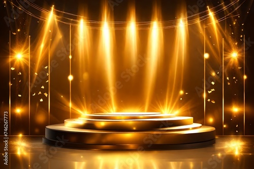 Podium with golden light lamps background. Golden light award stage with rays and sparks