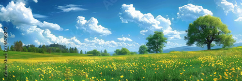 beautiful spring day panorama background,landscape Meadow with blue sky and green grass, white and pink spring daisy flowers ,banner 