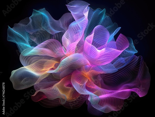 A flowering of multicolored tessalating repeating fractal waves glowing phosphorescent