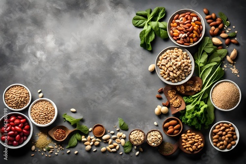 Vegan food with nuts, beans, greens and seeds. A gray background with copy space