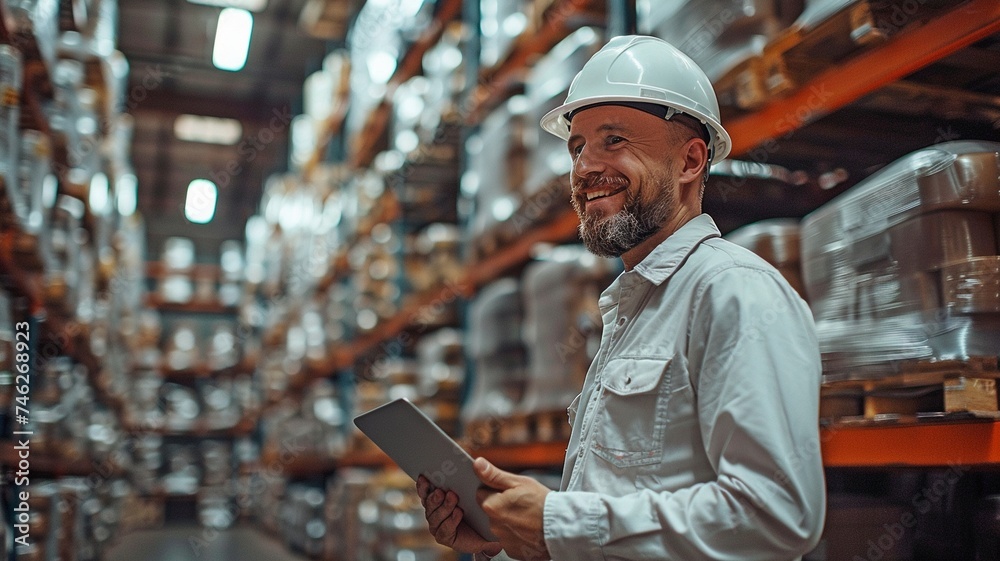 A joyful female employee in the warehouse is talking about work with a supervisor wearing a hard helmet and carrying a tablet. A joyful female employee in the warehouse is talking about work with a supervisor wearing a hard helmet and carrying a tablet.