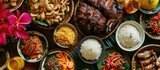 A table filled with a diverse selection of healthful food, including rice berries and roasted pork, ready for a delicious meal.