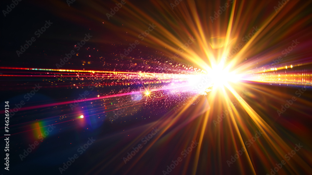 Abstract sun burst, digital flare, iridescent glare, lens flare effects over black background for overlay designs. generative ai