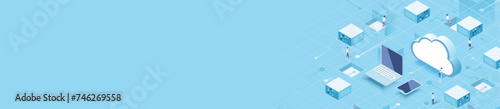 isometric background illustration of cloud computing concept with working people