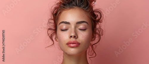 An isolated pastel-colored backdrop features a profile side view of a woman waiting for an anti-aging skin tightening operation in a spa.