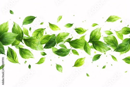 Eco-friendly illustration featuring flying green foliage, herbal tea, and organic beauty products.