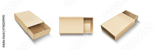 Open slide box mockup. Realistic vector illustration set of brown blank carton package with sleeve. Empty pack in form of drawer for gift or goods postage concept. Cardboard matchbox template.