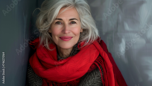 Portrait of a beautiful middle-aged woman in a red scarf. photo