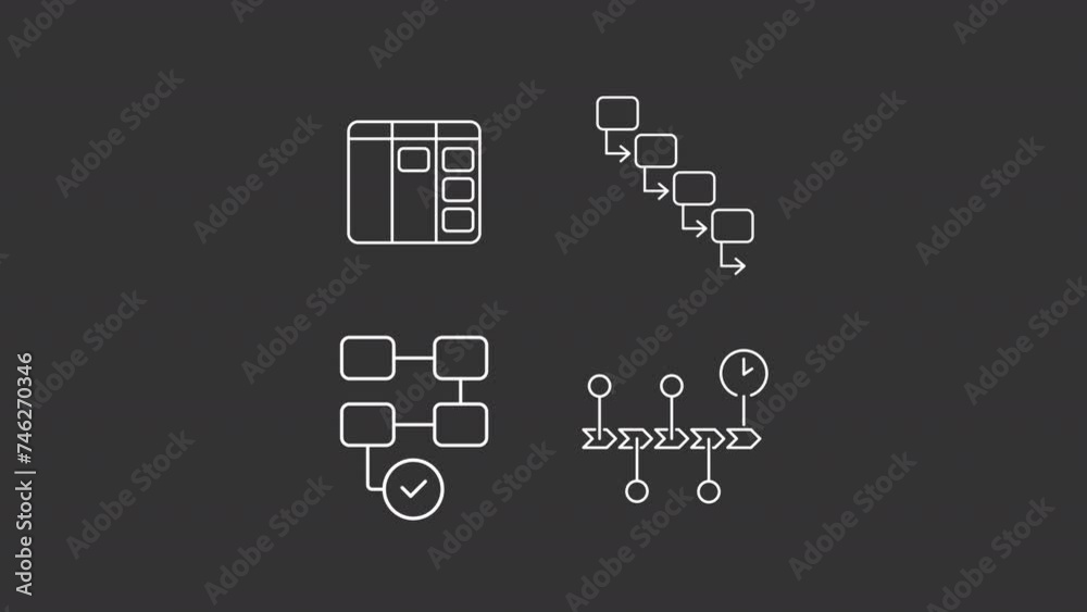 Project management animations. Animated flowcharts white line icons. Step by step process. Work plan. Isolated illustrations on dark background. Transition alpha. HD video. Icon pack Project management animations. Animated flowcharts white line icons. Step by step process. Work plan. Isolated illustrations on dark background. Transition alpha. HD video. Icon pack