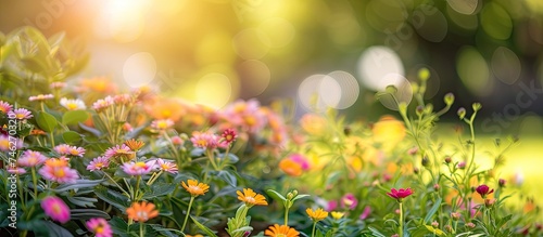 A group of assorted flowers, including daisies, roses, and tulips, scattered in the lush green grass of a city flower bed. The vibrant colors of the flowers stand out against the blurred background. © 2rogan
