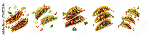 A set of Levitating tacos in air with meat lime vegetables isolated on transparent png background. Mexican food generated by ai