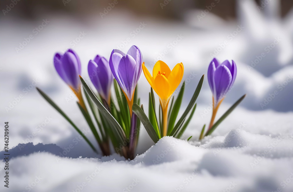 Naklejka premium primroses under the snow. Generative AI