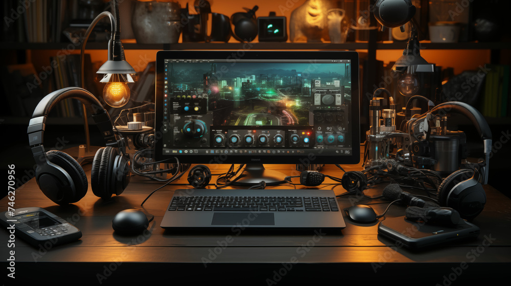 Desktop Computer With Headphones and Keyboard. Generative AI