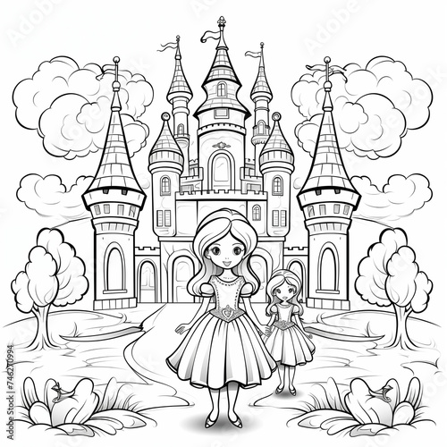 Princess and Little Girl in Front of Castle. Generative AI