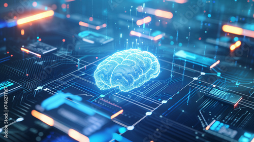 Human brain graphic symbolizing intelligence, technological background photo