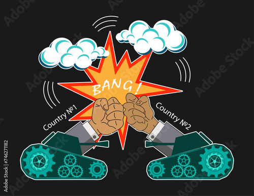 Caricature picture symbolizing the battle of two states. Two fists, two tanks, an explosion, smoke and another on a dark background. Vector illustration