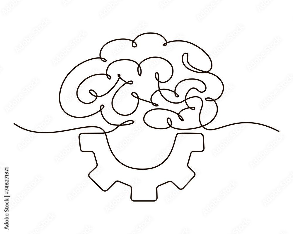 Single continuous line symbol of brain and machine wheel gears vector illustration. Cogwheel one line contour drawing creative concept. Design for poster, card, label, company logotype Single continuous line symbol of brain and machine wheel gears vector illustration. Cogwheel one line contour drawing creative concept. Design for poster, card, label, company logotype