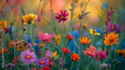 A close-up of a vibrant field of wildflowers, each petal and stem captured in exquisite detail. © Resonant Visions