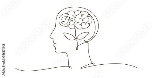 Head with brain and leaves inside continuous one line symbol drawing. Mental health, self care concept icon in linear style. Continuous line vector illustration