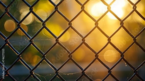 Sunlit metal lattice texture with intricate fence details in the background light.