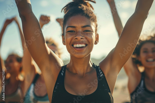 Young Female Athlete Celebrating Victory with Teammates, Team Spirit Concept
