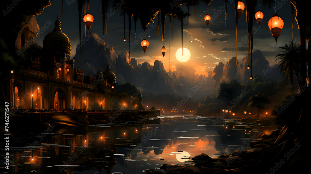 Fantasy Landscape with palm trees. river and the moon.