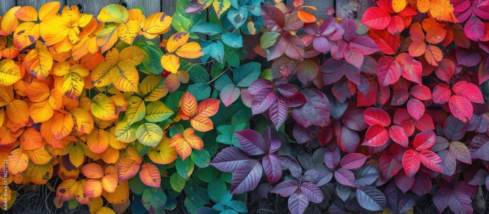 A collection of vibrantly colored leaves of various hues, growing near a fence, create a beautiful burst of autumn colors. A collection of vibrantly colored leaves of various hues, growing near a fence, create a beautiful burst of autumn colors.