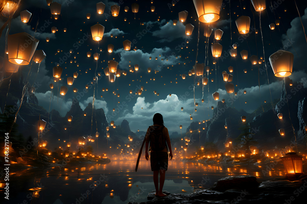 Mysterious woman in darkness with lanterns flying in night sky