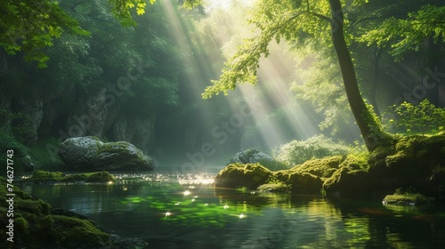 A dense forest surrounding a hidden lake, with rays of sunlight piercing through the foliage to illuminate the emerald waters and moss-covered rocks.