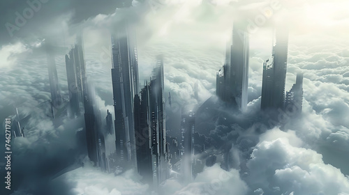 fog and clouds,
Futuristic sity in the clouds future of humanity evolution in city