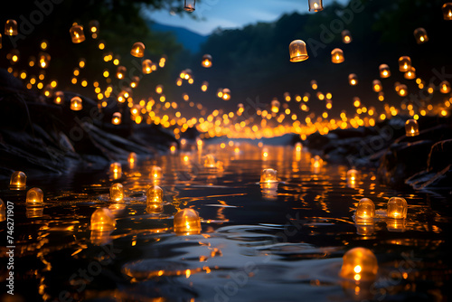Floating lanterns in the river. The light is reflected in the water.