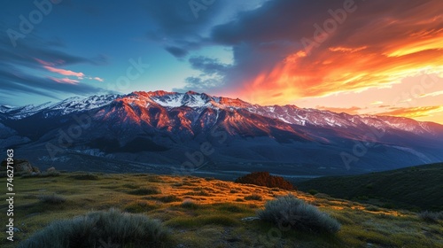A majestic spring sunset in a mountainous terrain  with snow-capped peaks illuminated in a warm  alpenglow. 