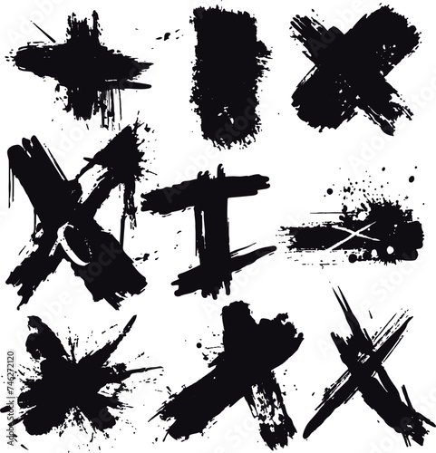 Set of vector hand drawn grunge style black cross x shapes and strokes