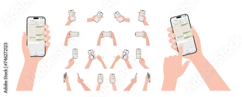 A set of hands holding a smartphone both horizontally and vertically on a social messenger. The smart phone is being operated using a finger to touch the messenger and keyboard. Vector.