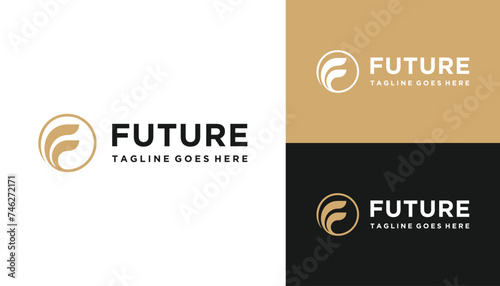 Golden Initial Letter F with Simple Circular Shape Line Art Logo Design