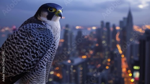 Closeup of a peregrine falcon perched high above the city its beautiful and distinctive patterned feathers glinting in the moonlight. photo