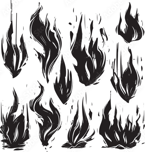 Set of vector hand drawn grunge style black flames and strokes