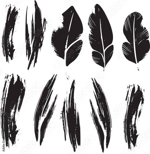Set of vector hand drawn grunge style black feather signs and strokes