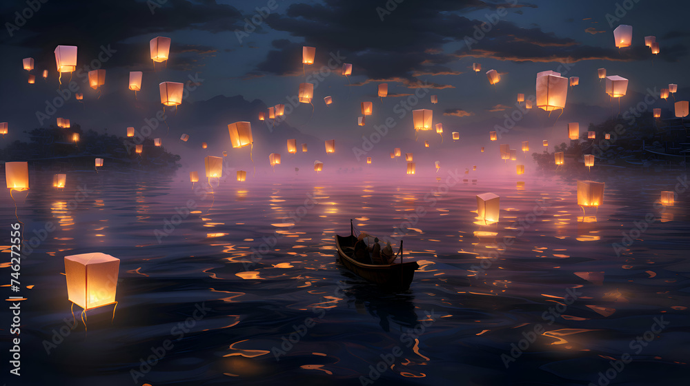 Floating lanterns floating in the sea.  3d  render.