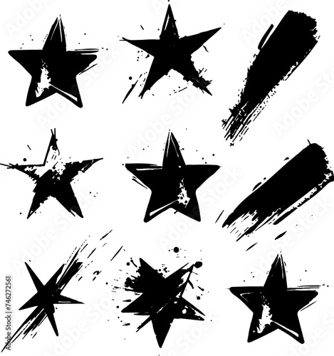Set of vector hand drawn grunge style black stars signs