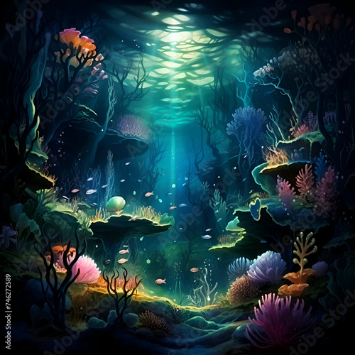 Underwater scene with coral reef and fishes. Digital art painting.