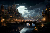 Fantasy landscape with fantasy castle and bridge at night.  3d  rendering