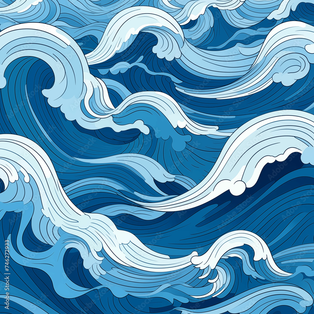 Blue and White Painting of Waves. Generative AI Blue and White Painting of Waves. Generative AI