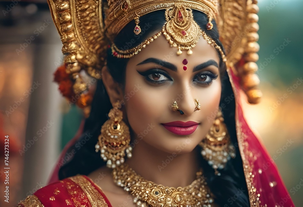 Young indian bride wearing red traditional saree, AI Generative Young indian bride wearing red traditional saree, AI Generative